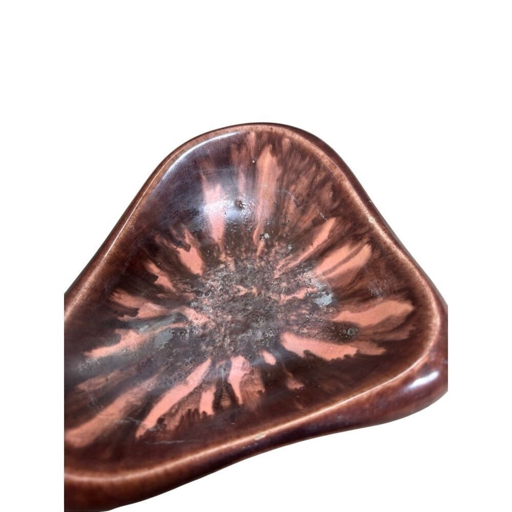 Mid-Century Studio Pottery Triangular Ashtray Copper Brown Drip Glaze